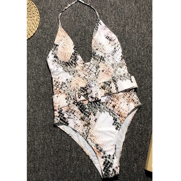 Snake Print Belted One Piece Swimsuit - Picture 3 of 5